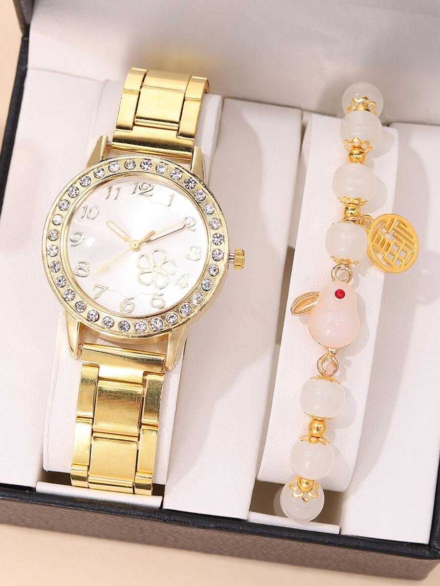 1 chiếc đồng hồ thạch anh trang trí bằng đá thạch anh & 1 chiếc vòng tay đính cườm - Vàng - Xem 1