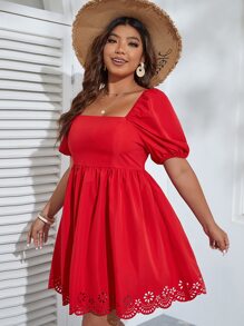 SHEIN VCAY 大碼鏤空貝殼邊泡泡袖連衣裙 - 紅色 - 查看 5