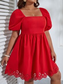 SHEIN VCAY 大碼鏤空貝殼邊泡泡袖連衣裙 - 紅色 - 查看 3