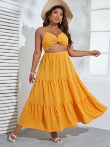 SHEIN VCAY 大碼前扭結鏤空荷葉邊吊帶連衣裙 - 黃色 - 查看 2