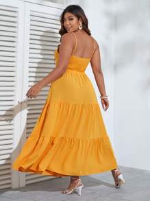 SHEIN VCAY 大碼前扭結鏤空荷葉邊吊帶連衣裙 - 黃色 - 查看 3