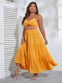 SHEIN VCAY 大碼前扭結鏤空荷葉邊吊帶連衣裙 - 黃色 - 查看 4