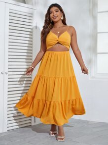 SHEIN VCAY 大碼前扭結鏤空荷葉邊吊帶連衣裙 - 黃色 - 查看 5