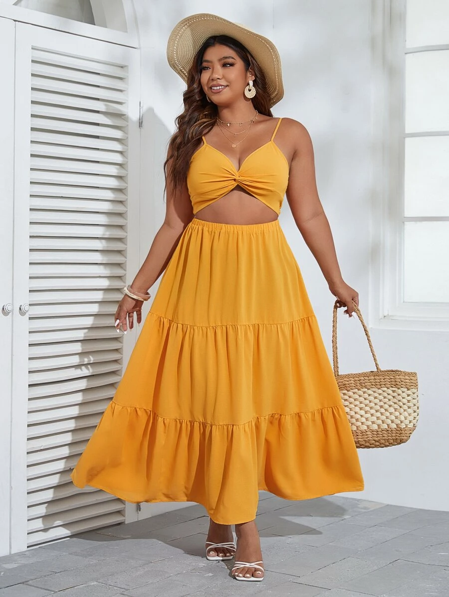 SHEIN VCAY 大碼前扭結鏤空荷葉邊吊帶連衣裙 - 黃色 - 查看 1