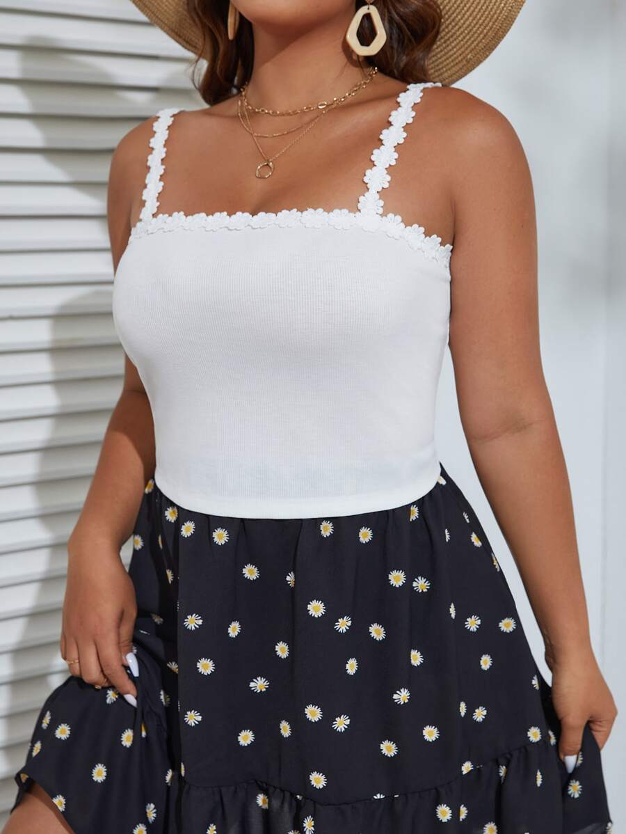 Dreamara Áo hai dây Plus Size Tương phản ren Gân đan màu trơn Giải trí - trắng - Xem 1