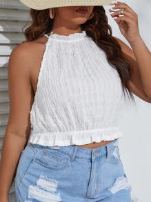 Dreamara Áo hai dây Plus Size viền lá sen Viên lá sen Chia Buộc lại màu trơn Boho - trắng - Xem 3