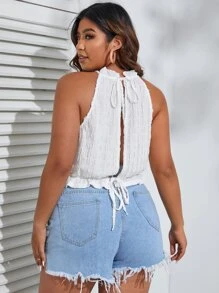 Dreamara Áo hai dây Plus Size viền lá sen Viên lá sen Chia Buộc lại màu trơn Boho - trắng - Xem 2