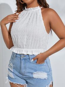 Dreamara Áo hai dây Plus Size viền lá sen Viên lá sen Chia Buộc lại màu trơn Boho - trắng - Xem 1