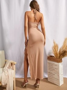 S BETRO Drawstring Ruched Split Thigh Halter Neck Backless Dress - Khaki - View 2