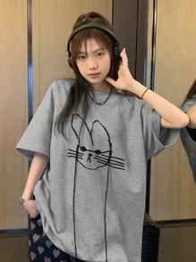 女士休闲宽松圆领落肩猫咪印花T恤，夏季 - 灰色 - 查看 1