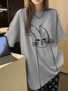 女士休闲宽松圆领落肩猫咪印花T恤，夏季 - 灰色 - 查看 2