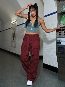 側翻蓋口袋腰帶工裝褲 - 酒紅色 - 查看 3