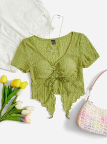 SHEIN EZwear Áo nữ Bất đối xứng Dây kéo Xù nhỏ màu trơn Giải trí - Màu xanh chanh - Xem 1