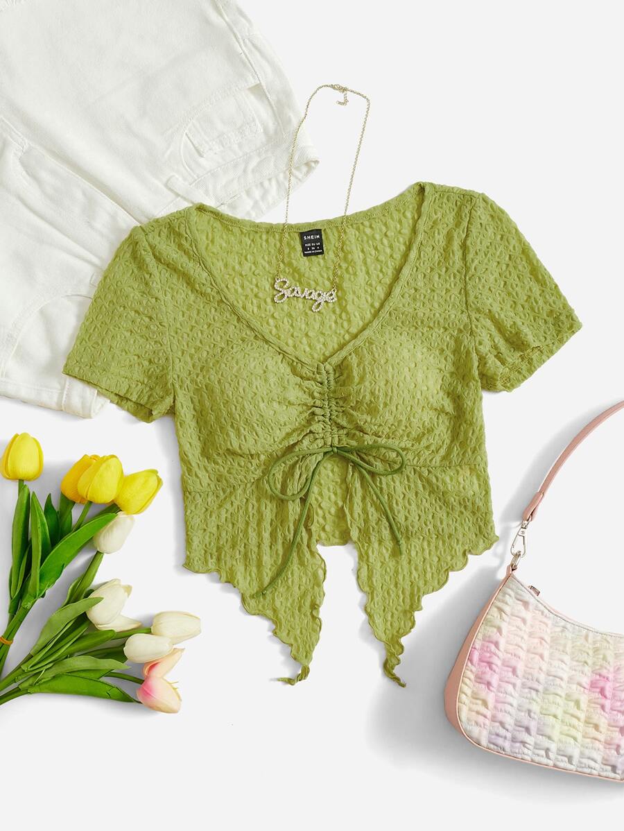 SHEIN EZwear Áo nữ Bất đối xứng Dây kéo Xù nhỏ màu trơn Giải trí - Màu xanh chanh - Xem 1