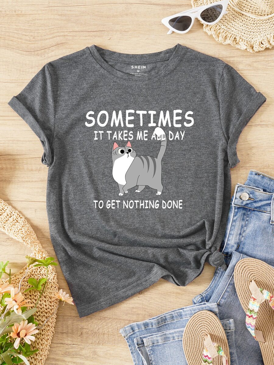 SHEIN LUNE Áo thun nữ Hoạt hình Slogan Giải trí - Màu xám đen - Xem 1