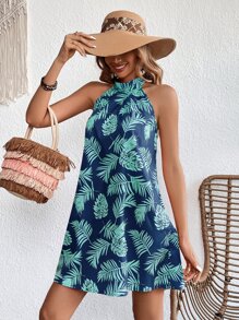 SHEIN VCAY Tropical Print Halter Neck Dress - Navy Blue - View 1