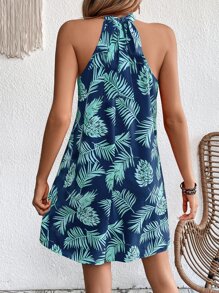 SHEIN VCAY Tropical Print Halter Neck Dress - Navy Blue - View 2