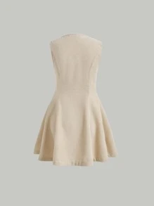 SHEIN MOD Solid Button Front Dress - Beige - View 2