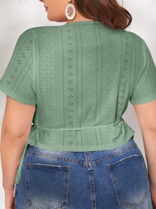 SHEIN VCAY Áo thun Plus size Thắt nút Trọn gói Tranh thêu màu trơn Giải trí - Màu xanh Bạc hà - Xem 2