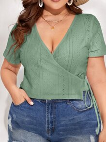 SHEIN VCAY Áo thun Plus size Thắt nút Trọn gói Tranh thêu màu trơn Giải trí - Màu xanh Bạc hà - Xem 3