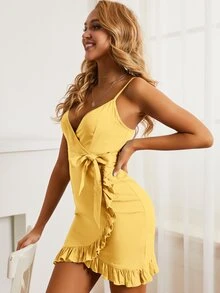 S BETRO Vestido de tirantes ribete con fruncido - Amarillo - Ver 5