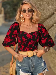 SHEIN VCAY 印花雞心領口泡泡袖短款襯衫 - 紅色 - 查看 1