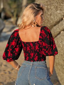 SHEIN VCAY 印花雞心領口泡泡袖短款襯衫 - 紅色 - 查看 2