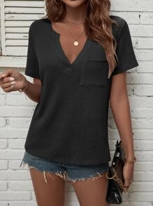 SHEIN LUNE 缺口領口袋貼布華夫格編織T恤 - 黑色 - 查看 4