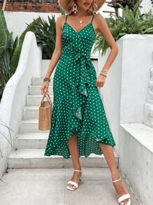SHEIN VCAY Polka Dot Print Ruffle Trim Wrap Hem Belted Cami Dress - Green - View 6