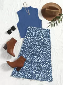Breezaya Mock Neck Tank Top & Allover Print Skirt - Blue - View 1