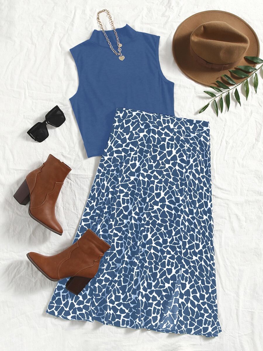 Breezaya Mock Neck Tank Top & Allover Print Skirt - Blue - View 1