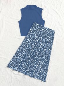 Breezaya Mock Neck Tank Top & Allover Print Skirt - Blue - View 5