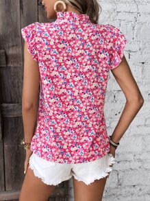 Breezaya Ditsy Floral Print Tie Neck Ruffle Trim Blouse - Pink - View 2