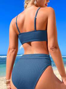 Cut Out Front High Waisted Summer Beach Bikini Set - Dusty Blue - View 2