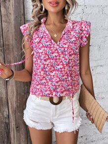 Breezaya Ditsy Floral Print Tie Neck Ruffle Trim Blouse - Pink - View 4