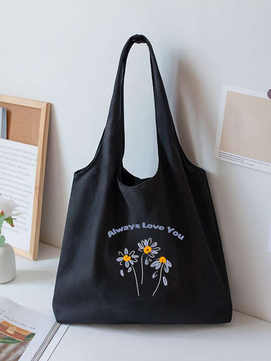 Floral & Slogan Graphic Shopper Bag School Bag For Graduate, Teen Girls, Freshman, Sophomore, Junior & Senior In College, University & High School, Perfect For Outdoors ,Travel & Back To School - Black - View 1