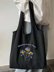 花卉和標語圖案購物包書包適合畢業生、青少年女孩、新生、大二、大三和大四學生、大學和高中，非常適合戶外、旅行和返校 - 黑色 - 查看 2