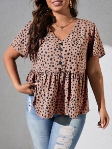 SHEIN LUNE 斑点狗印花纽扣前摆荷叶边衬衫荷叶边上衣 - 藕粉色 - 查看 4