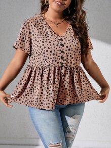 SHEIN LUNE 斑点狗印花纽扣前摆荷叶边衬衫荷叶边上衣 - 藕粉色 - 查看 5