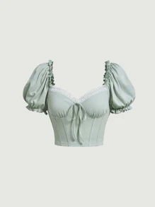 SHEIN MOD Frill Trim Puff Sleeve Knot Front Crop Tee - Mint Green - View 1