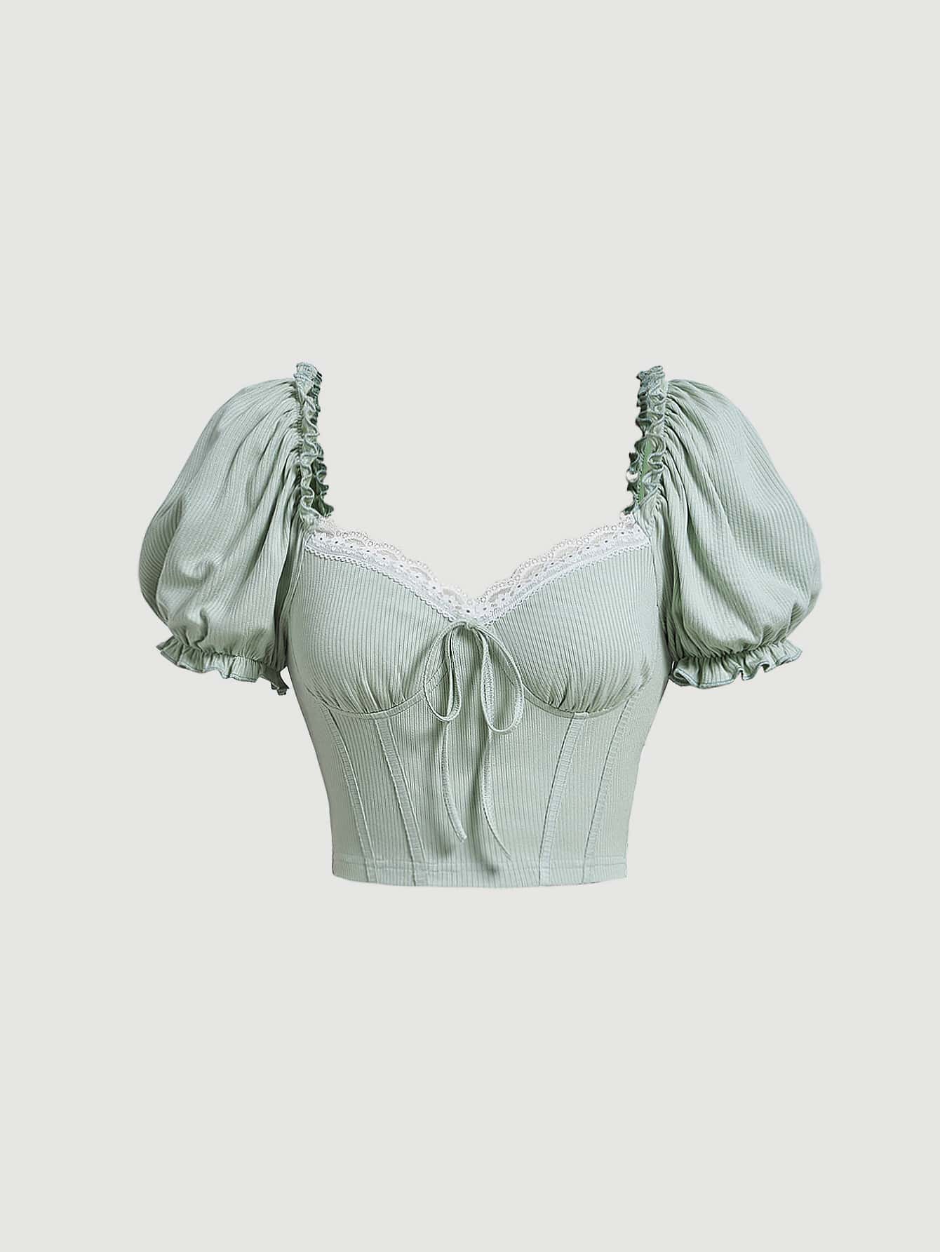 SHEIN MOD Frill Trim Puff Sleeve Knot Front Crop Tee - Mint Green - View 1