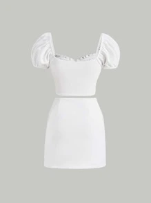 SHEIN MOD pecho con fruncido Camiseta crop & Falda bajo con abertura - Blanco - Ver 2