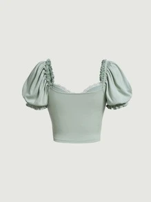 SHEIN MOD Frill Trim Puff Sleeve Knot Front Crop Tee - Mint Green - View 2