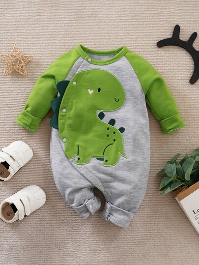 Yierying Baby Boy Cute Green Spiky Dinosaur Embroidery Long Sleeve Snap Closure Romper