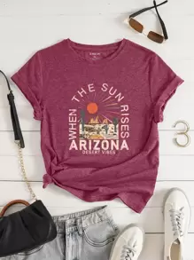 SHEIN LUNE Cactus And Slogan Graphic Tee - Burgundy - View 1