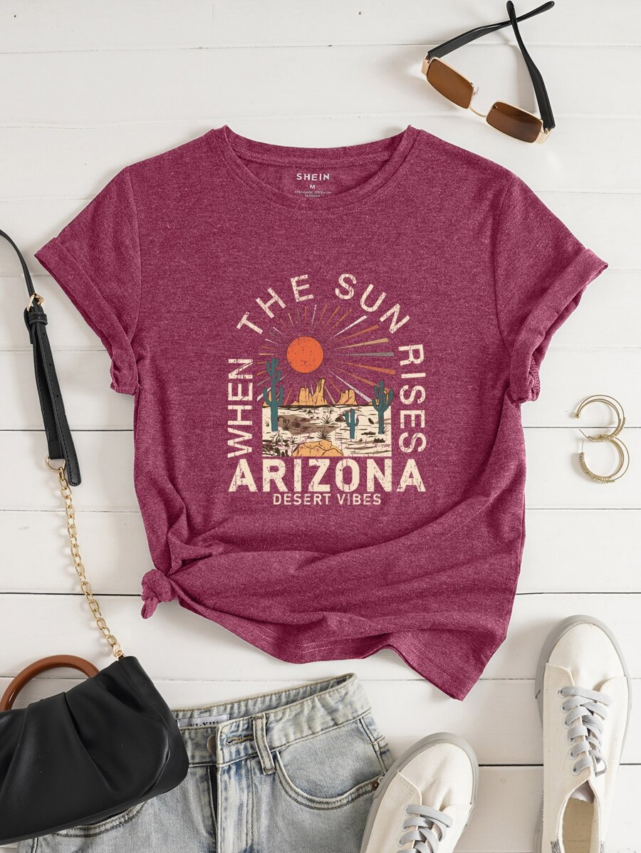 SHEIN LUNE Cactus And Slogan Graphic Tee - Burgundy - View 1