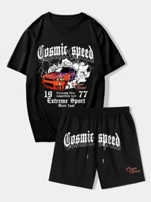 ROMWE MEN Street Life Men Car & Letter Graphic Tee & Shorts, School - Black - View 1