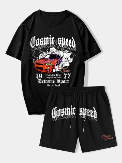 Street Life Men Car & Letter Graphic Tee & Shorts, School