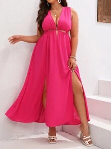 SHEIN VCAY Plus Plunging Neck Split Thigh Dress - Hot Pink - View 1