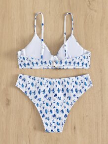 SHEIN Swim Floral Print Bikini Set Smocked Push Up Bikini Bra Top & Hipster Bikini Bottom 2 Piece Bathing Suit,Summer Beach - Blue and White - View 2